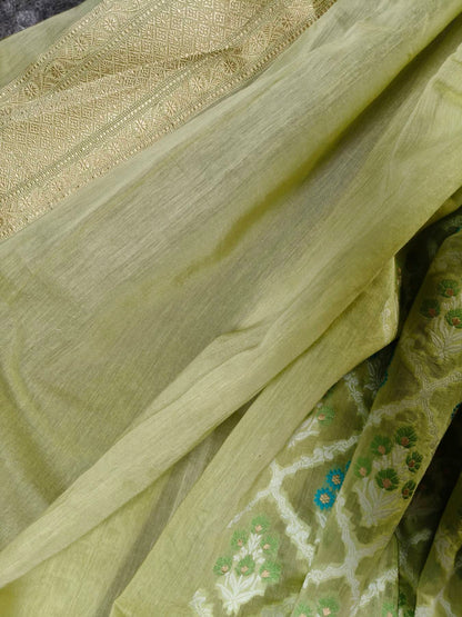 LIME GREEN COTTON PURE HANDLOOM BANARASI SAREE