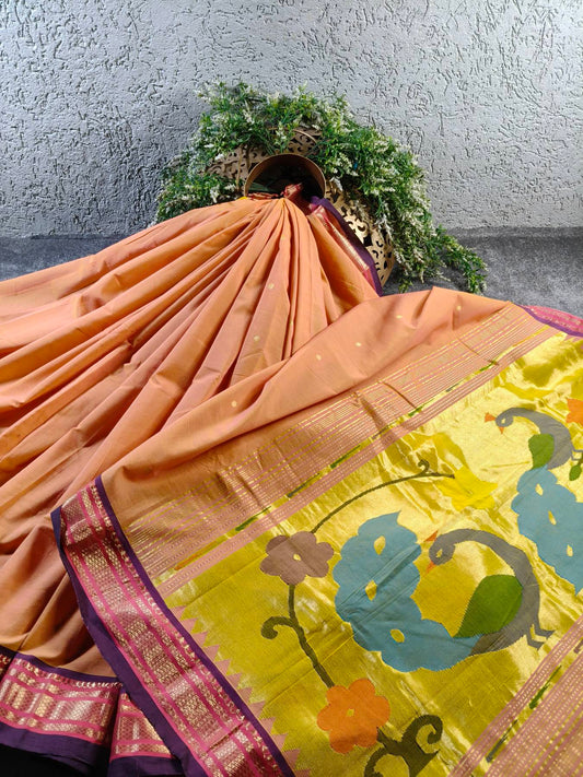 PEACH  COTTON PURE HANDLOOM PAITHANI SAREE