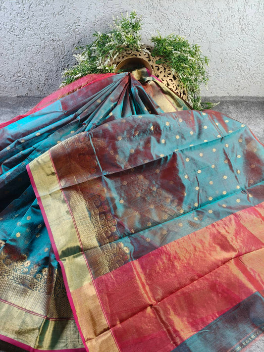 TWO TONE BLUE SICO PURE HANDLOOM CHANDERI SAREE