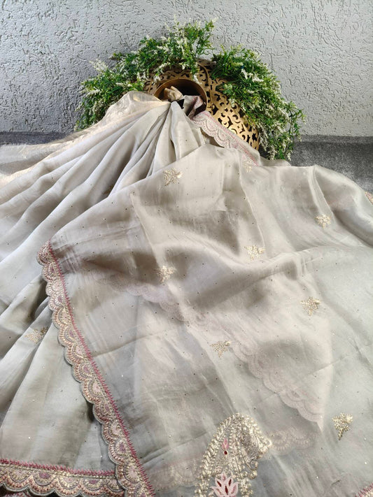 LIGHT GREY ORGANZA PURE HANDLOOM EMBROIDERY SAREE