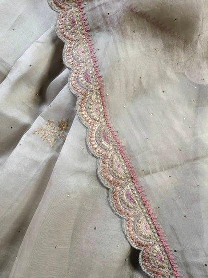 LIGHT GREY ORGANZA PURE HANDLOOM EMBROIDERY SAREE