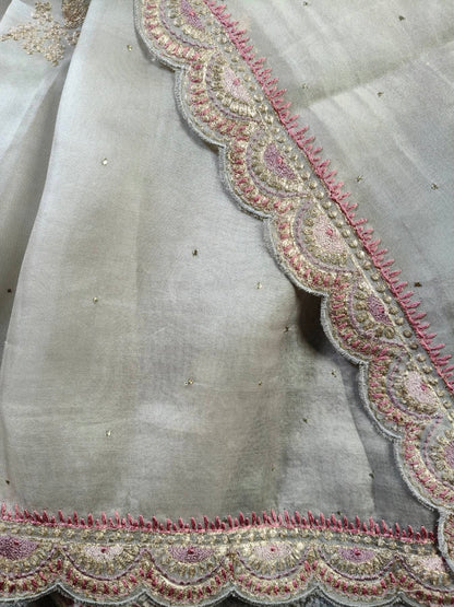 LIGHT GREY ORGANZA PURE HANDLOOM EMBROIDERY SAREE