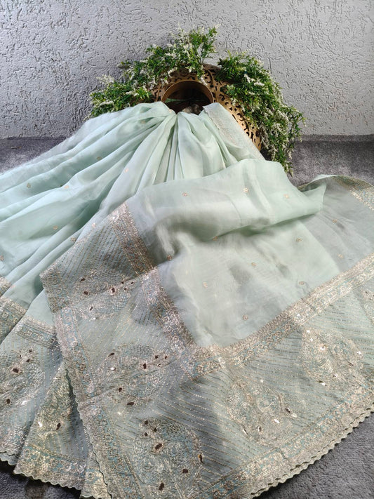 ICE BLUE ORGANZA PURE HANDLOOM EMBROIDERY SAREE