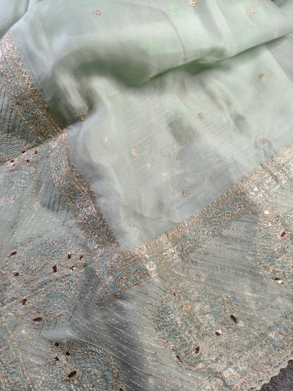 ICE BLUE ORGANZA PURE HANDLOOM EMBROIDERY SAREE
