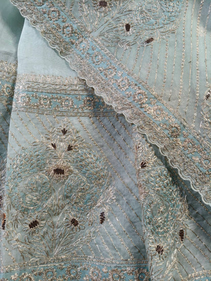 ICE BLUE ORGANZA PURE HANDLOOM EMBROIDERY SAREE