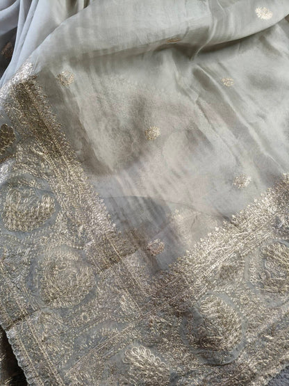 GREY ORGANZA PURE HANDLOOM EMBROIDERY SAREE