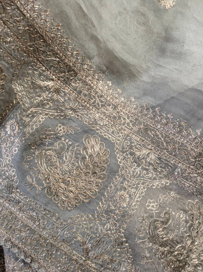 GREY ORGANZA PURE HANDLOOM EMBROIDERY SAREE
