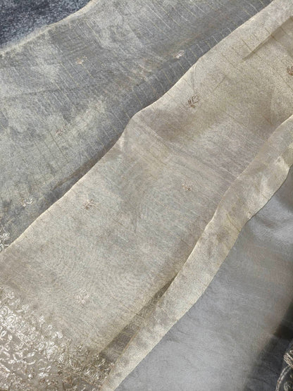 GREY ORGANZA PURE HANDLOOM EMBROIDERY SAREE