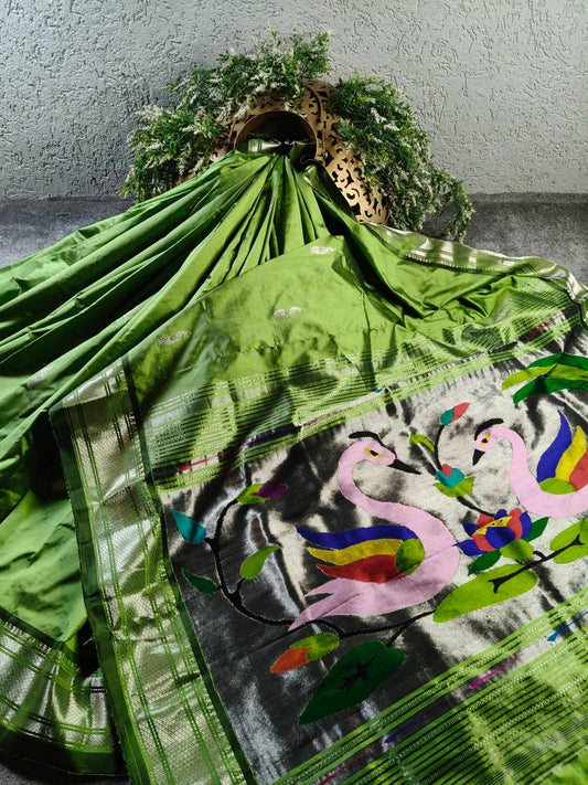 BRIGHT GREEN SILK PURE HANDLOOM PAITHANI SAREE