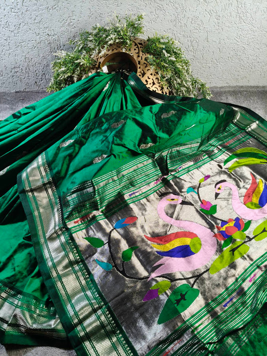 BOTTLE GREEN SILK PURE HANDLOOM PAITHANI SAREE