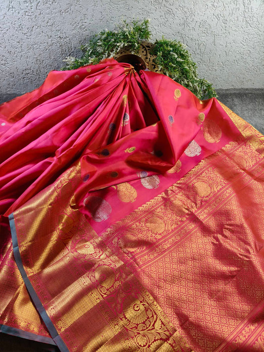 CORAL PINK SILK PURE HANDLOOM GADWAL SAREE