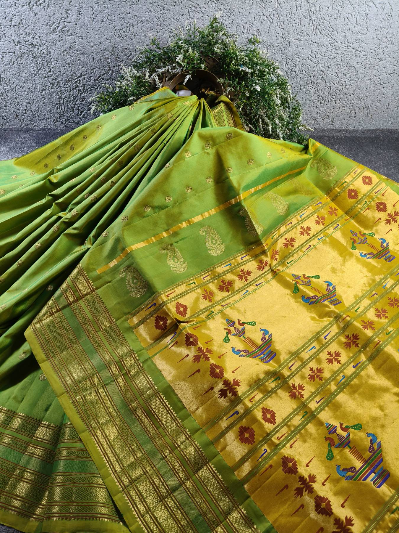 PARROT GREEN SILK PURE HANDLOOM PAITHANI SAREE