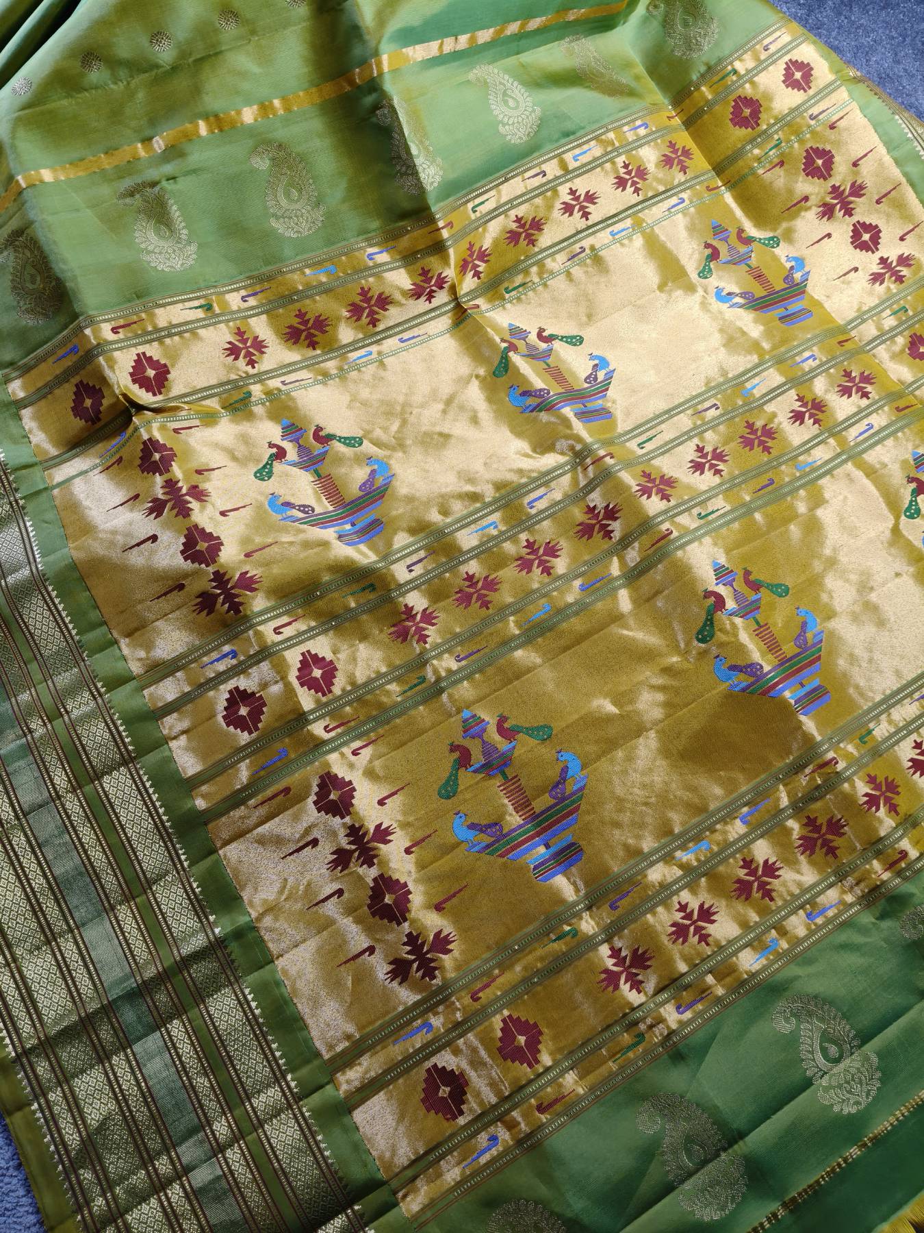 PARROT GREEN SILK PURE HANDLOOM PAITHANI SAREE