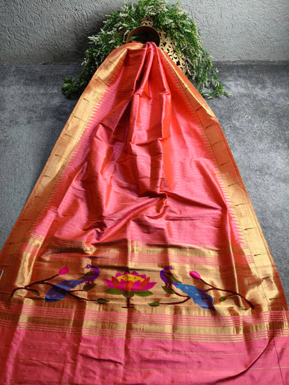 CORAL PINK SILK PURE HANDLOOM PAITHANI DUPATTA