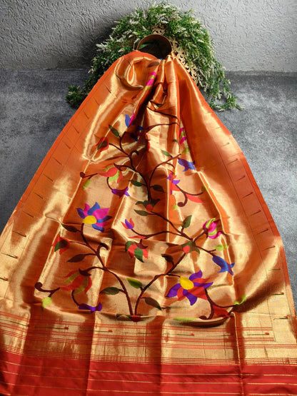 ORANGE GOLD SILK PURE HANDLOOM PAITHANI DUPATTA
