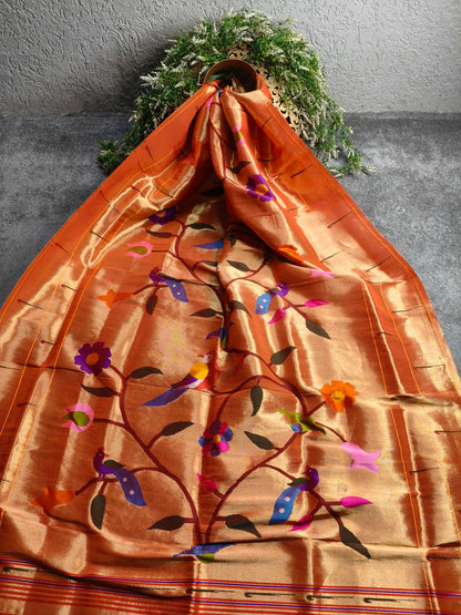 ORANGE GOLD SILK PURE HANDLOOM PAITHANI DUPATTA