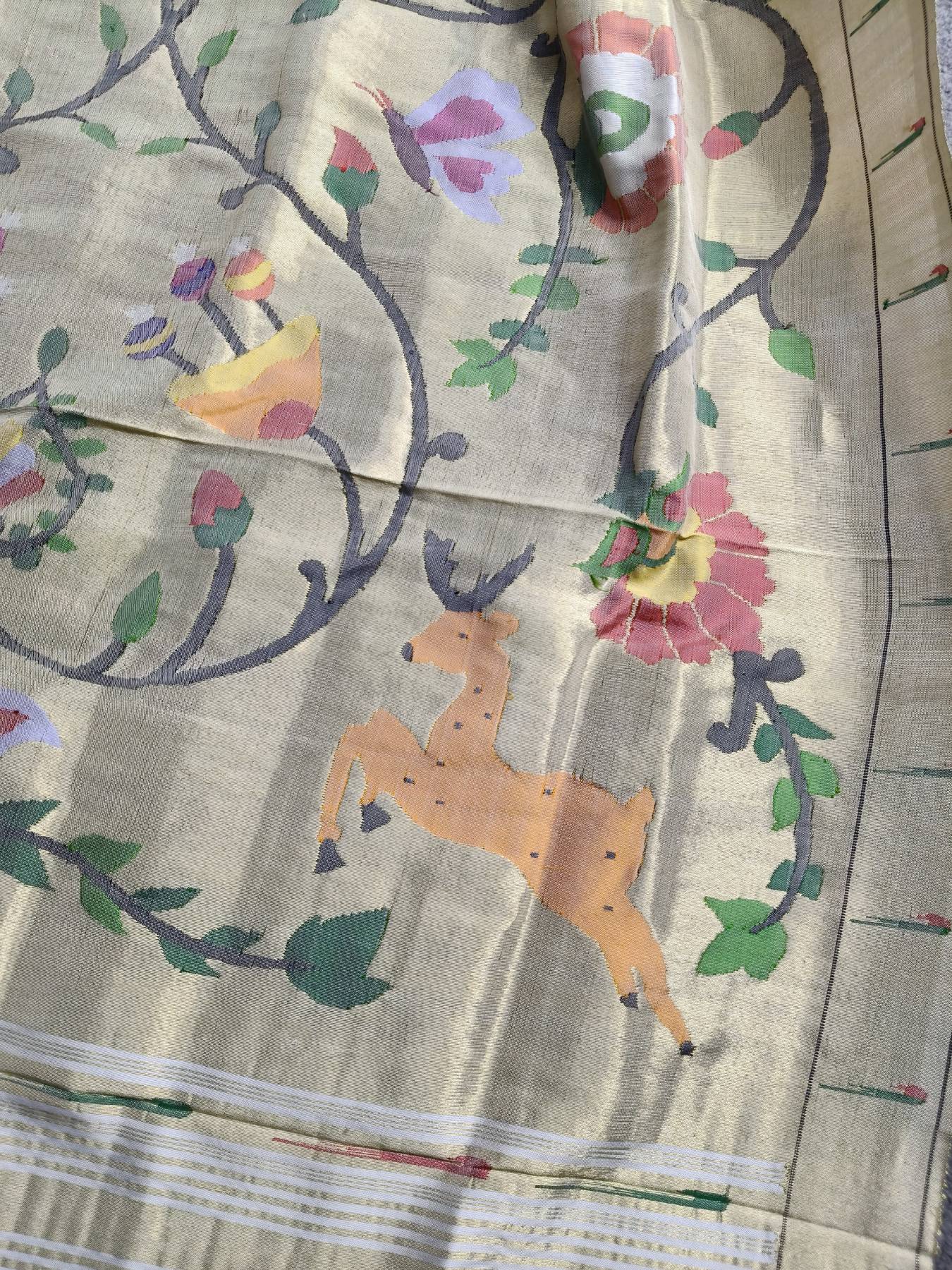 WHITE  GOLD SILK PURE HANDLOOM PAITHANI DUPATTA