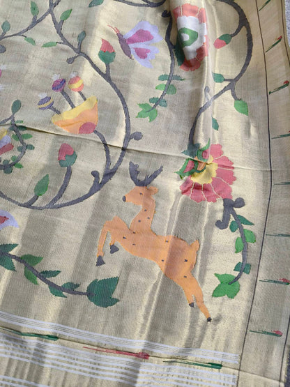 WHITE  GOLD SILK PURE HANDLOOM PAITHANI DUPATTA