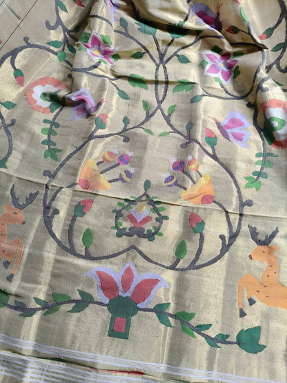 WHITE  GOLD SILK PURE HANDLOOM PAITHANI DUPATTA