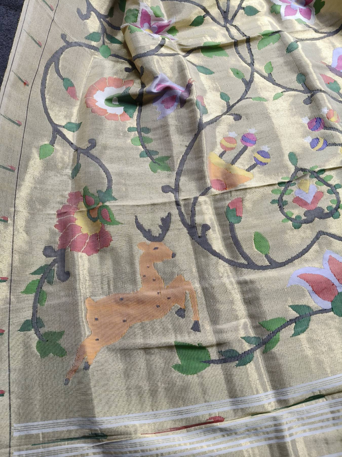 WHITE  GOLD SILK PURE HANDLOOM PAITHANI DUPATTA