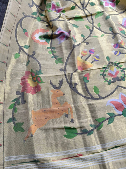 WHITE  GOLD SILK PURE HANDLOOM PAITHANI DUPATTA