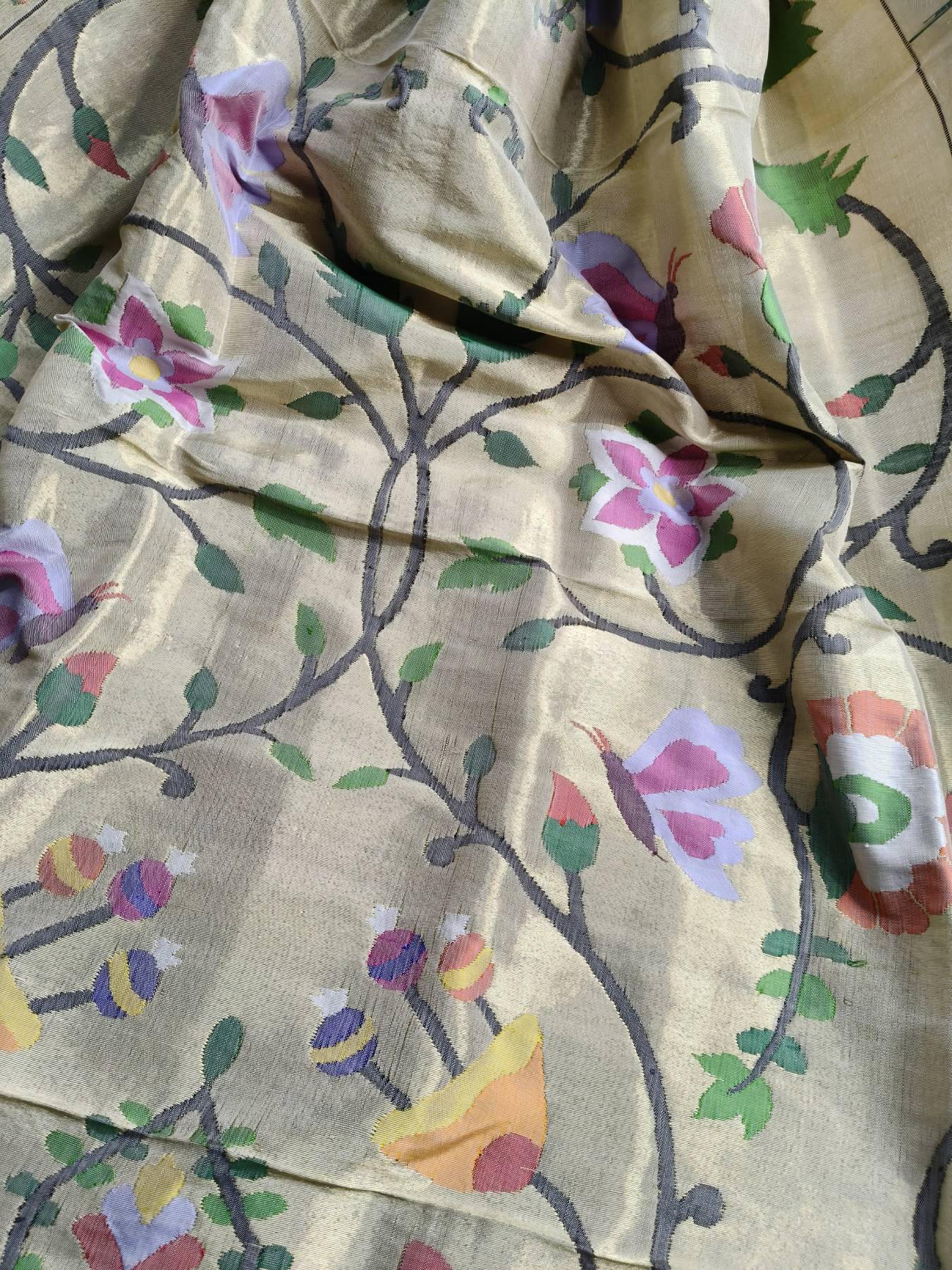 WHITE  GOLD SILK PURE HANDLOOM PAITHANI DUPATTA