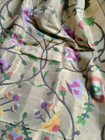WHITE  GOLD SILK PURE HANDLOOM PAITHANI DUPATTA