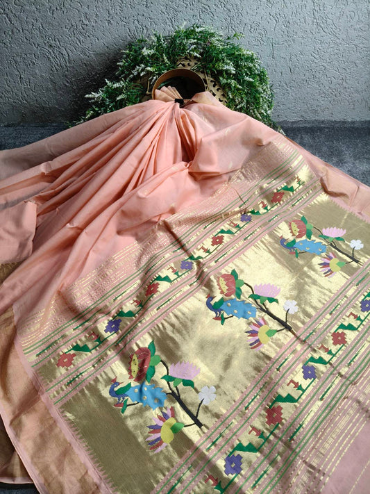 LIGHT PEACH COTTON PURE HANDLOOM PAITHANI SAREE