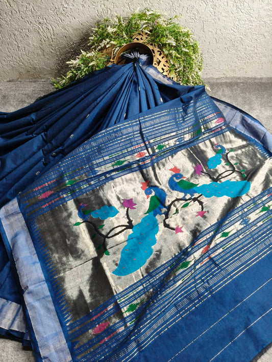 ROYAL BLUE COTTON PURE HANDLOOM PAITHANI SAREE