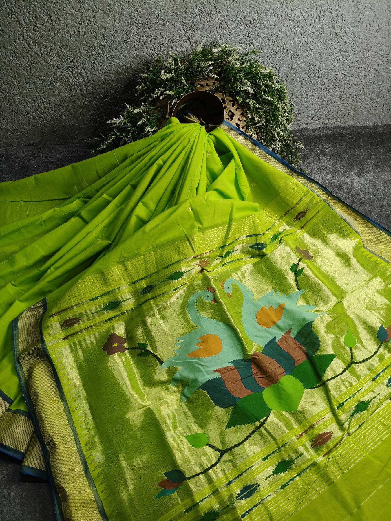 PARROT GREEN COTTON PURE HANDLOOM PAITHANI SAREE