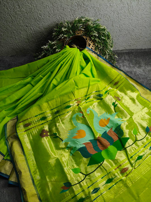 PARROT GREEN COTTON PURE HANDLOOM PAITHANI SAREE