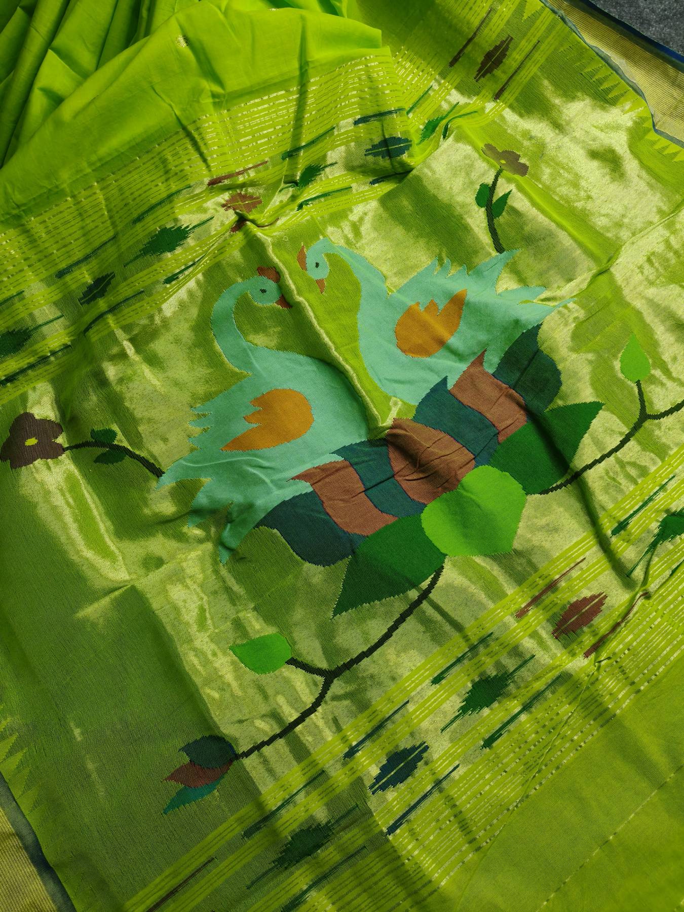 PARROT GREEN COTTON PURE HANDLOOM PAITHANI SAREE