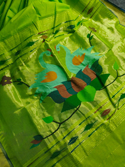 PARROT GREEN COTTON PURE HANDLOOM PAITHANI SAREE
