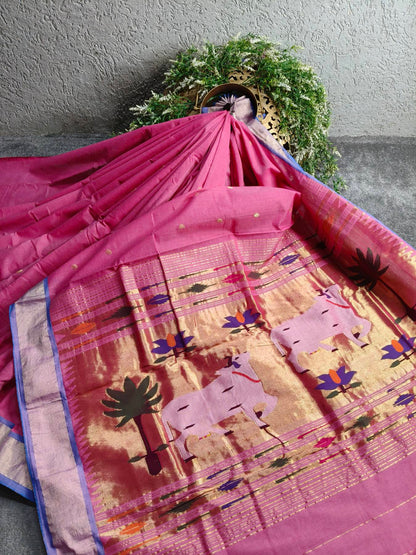 PINK COTTON PURE HANDLOOM PAITHANI SAREE