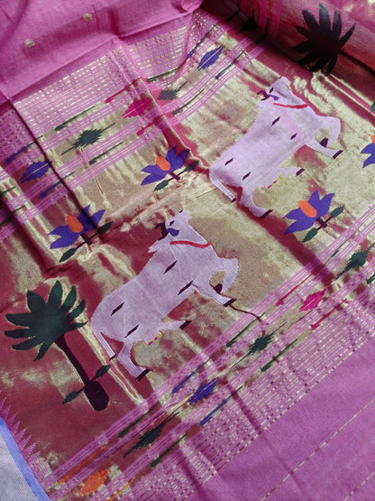 PINK COTTON PURE HANDLOOM PAITHANI SAREE