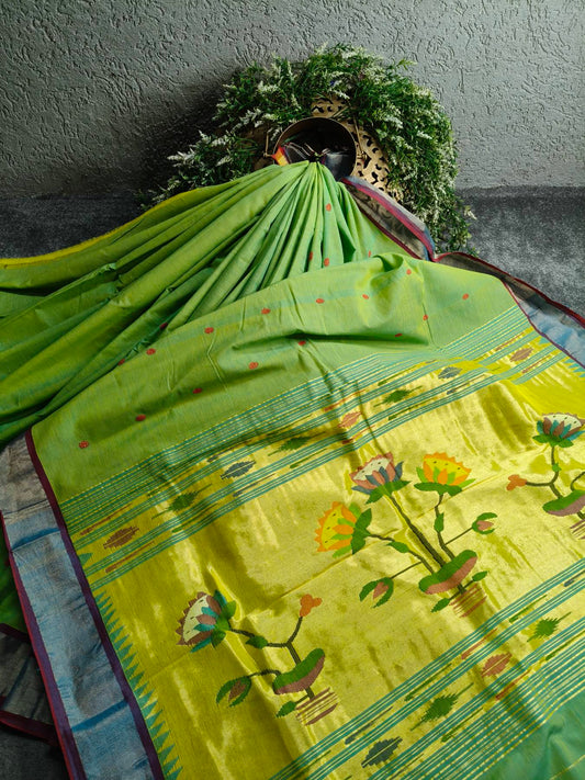 TWO TONE GREEN COTTON PURE HANDLOOM PAITHANI SAREE