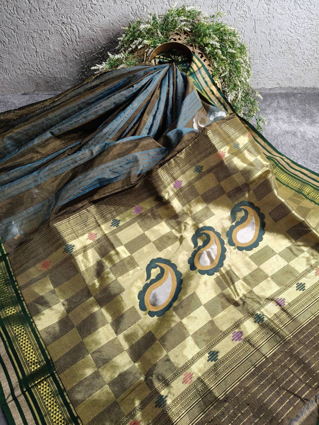 BLUE BROWN COTTON TISSUE PURE HANDLOOM PAITHANI SAREE