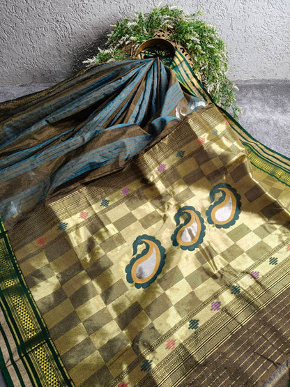 BLUE BROWN COTTON TISSUE PURE HANDLOOM PAITHANI SAREE