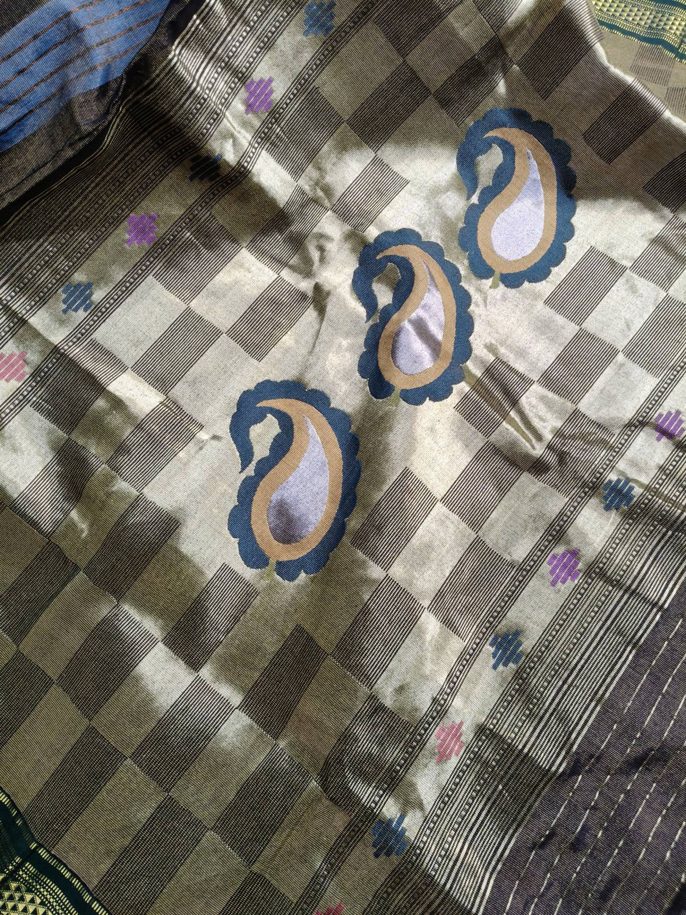 BLUE BROWN COTTON TISSUE PURE HANDLOOM PAITHANI SAREE