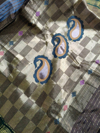 BLUE BROWN COTTON TISSUE PURE HANDLOOM PAITHANI SAREE