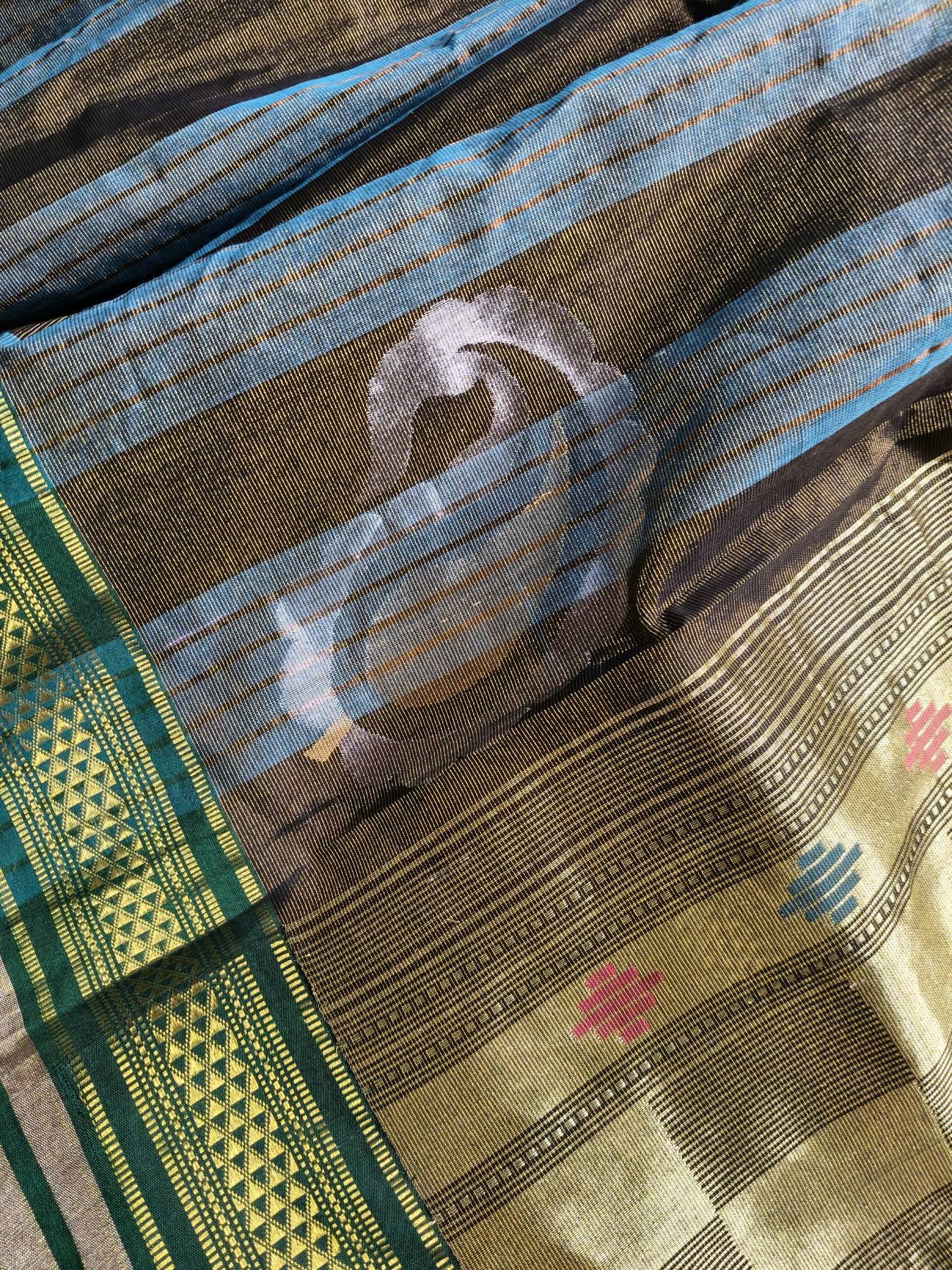 BLUE BROWN COTTON TISSUE PURE HANDLOOM PAITHANI SAREE