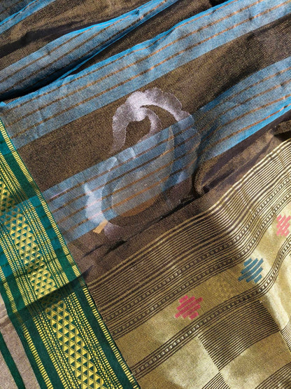 BLUE BROWN COTTON TISSUE PURE HANDLOOM PAITHANI SAREE