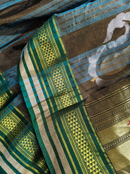 BLUE BROWN COTTON TISSUE PURE HANDLOOM PAITHANI SAREE