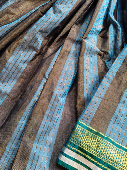 BLUE BROWN COTTON TISSUE PURE HANDLOOM PAITHANI SAREE