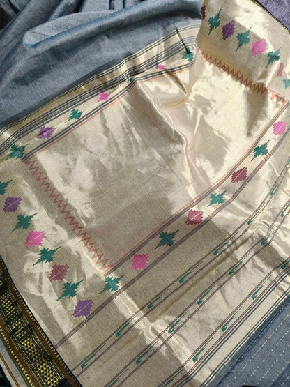 GREY COTTON TISSUE PURE HANDLOOM PAITHANI SAREE