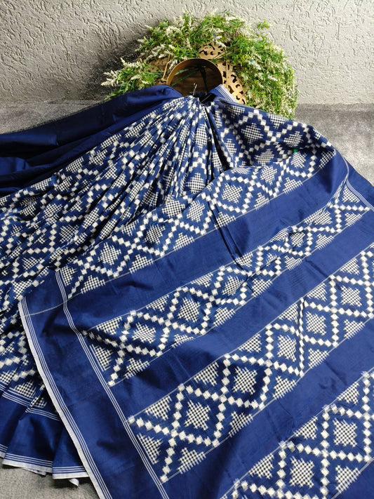 BLUE COTTON PURE HANDLOOM DOUBLE IKKAT SAREE