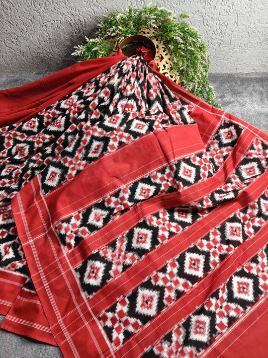 RED COTTON PURE HANDLOOM DOUBLE IKKAT SAREE