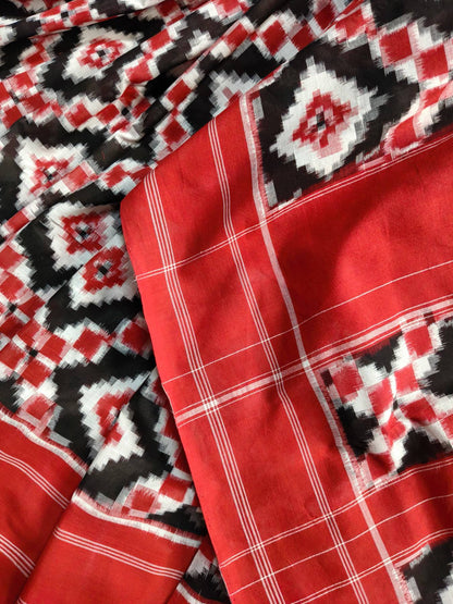 RED COTTON PURE HANDLOOM DOUBLE IKKAT SAREE