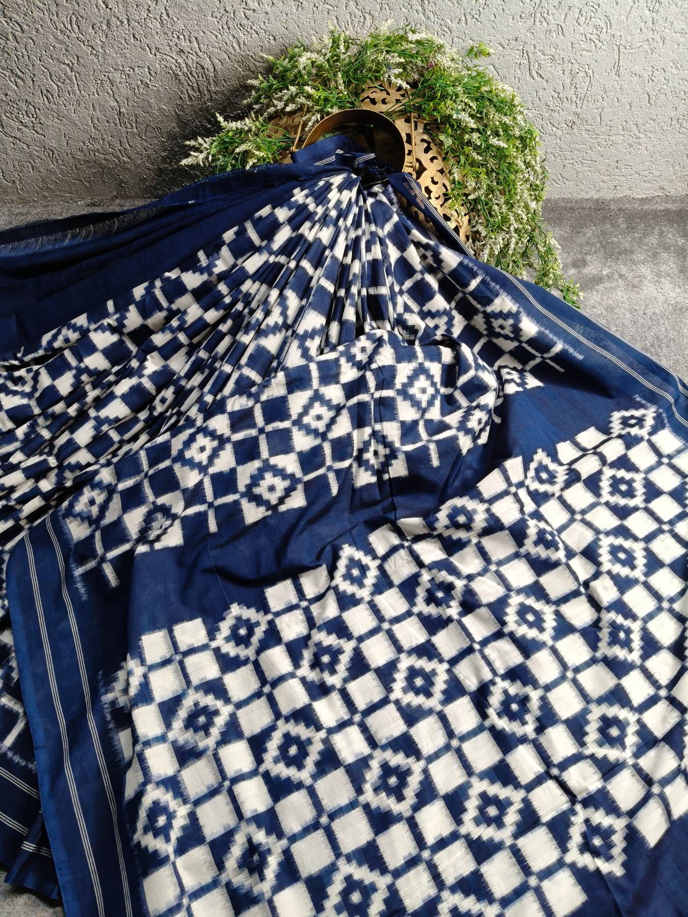 BLUE COTTON PURE HANDLOOM DOUBLE IKKAT SAREE