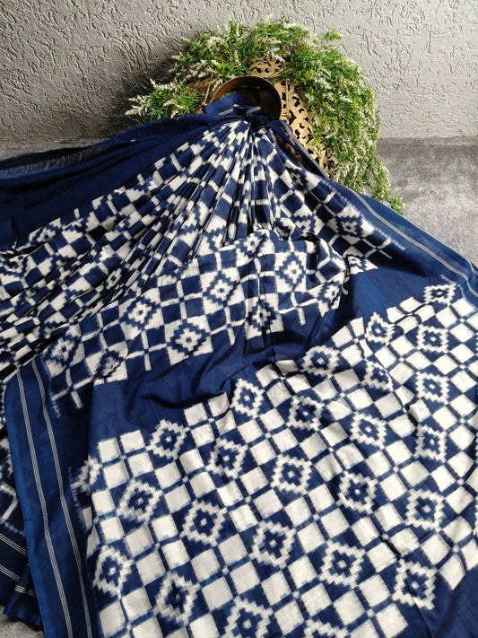 BLUE COTTON PURE HANDLOOM DOUBLE IKKAT SAREE